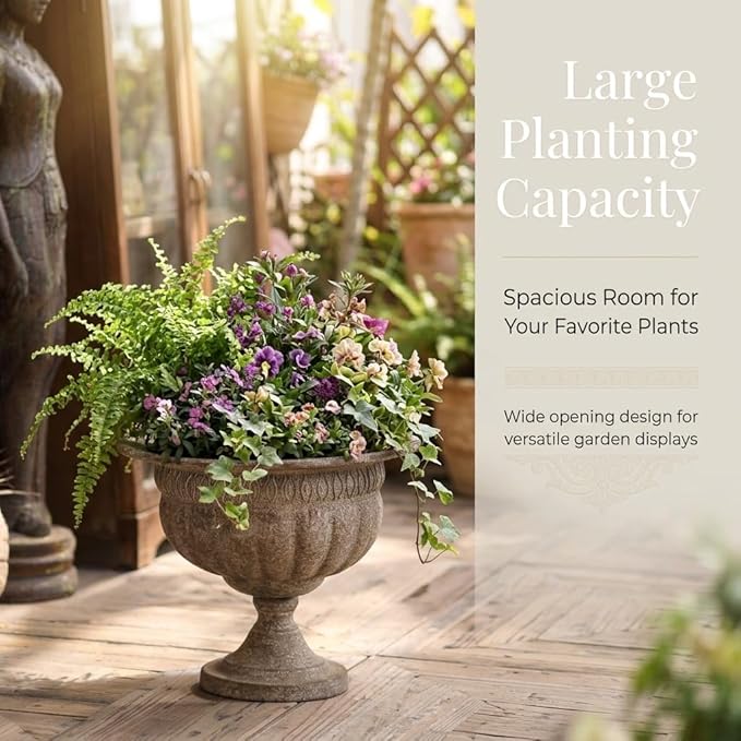 Vintage Urn Planter with Embossed Pattern, Imitation Stone Finish Flower Pot, Distressed Classic Plant Pot for Outdoor Indoor Home Garden Patio Front Porch Entryway（14.8 * 12 in）