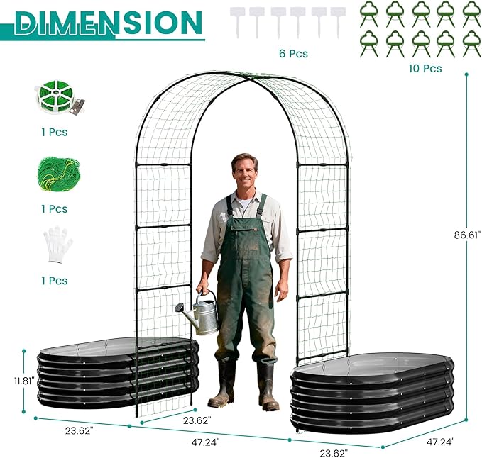 SUNYRISY Galvanized Raised Garden Bed with 87" H Arch Trellis for Climbing Plants Outdoor, Metal Planter Box with Netting for Gardening Flowers Vegetables Fruit Herb, Black