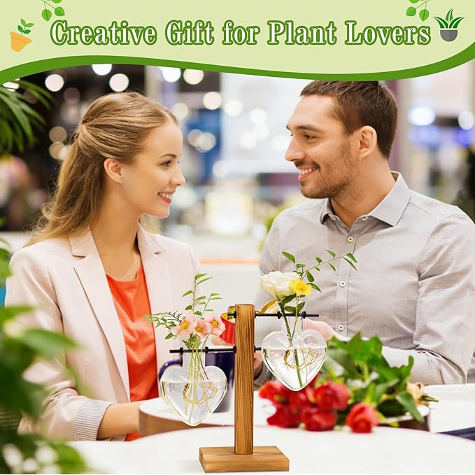 XXXFLOWER Plant Terrarium Wooden Stand, Hydroponic Planter Bulb Glass Metal Swivel Holder Retro Air Plants Water Plants for Home Office Decoration,Gifts for Plant Lover Wife Mom- 2 Love Bulb Vase
