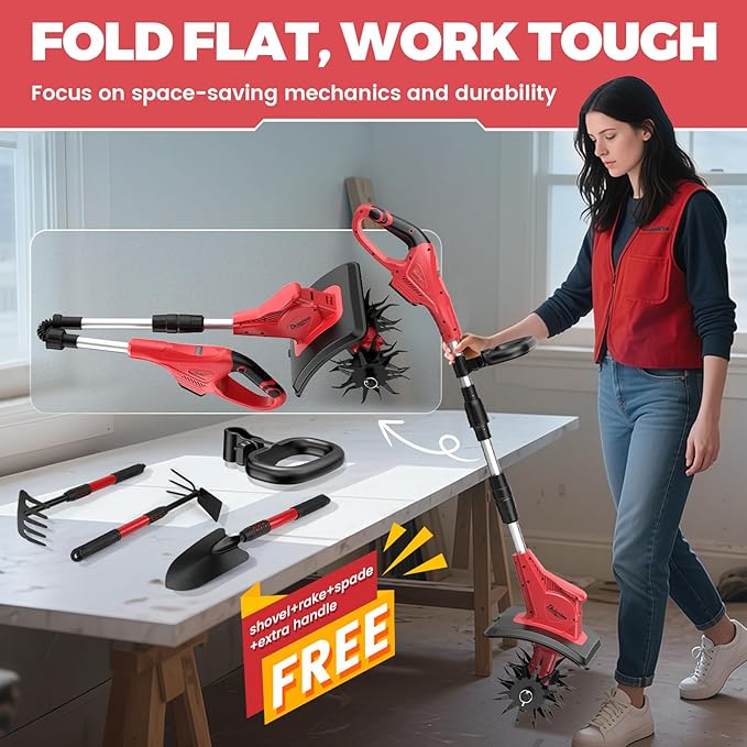 Battery Powered Tiller Compatible with Milwaukee 18V Battery(Tool Only), 310RPM Folding Electric Rototiller Features 40 Steel Tines, 9.1In Tilling Width & 6.3In Depth Tiller