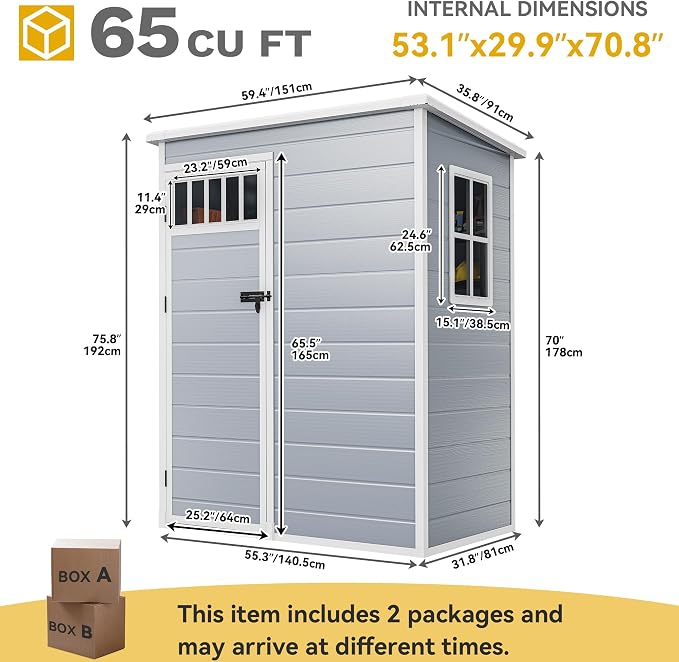 DWVO 5x3FT Outdoor Storage Shed with Fence-Style and Side Windows, Floor & Lockable Doors, Plastic Storage Shed for Backyard and Garden, Gray