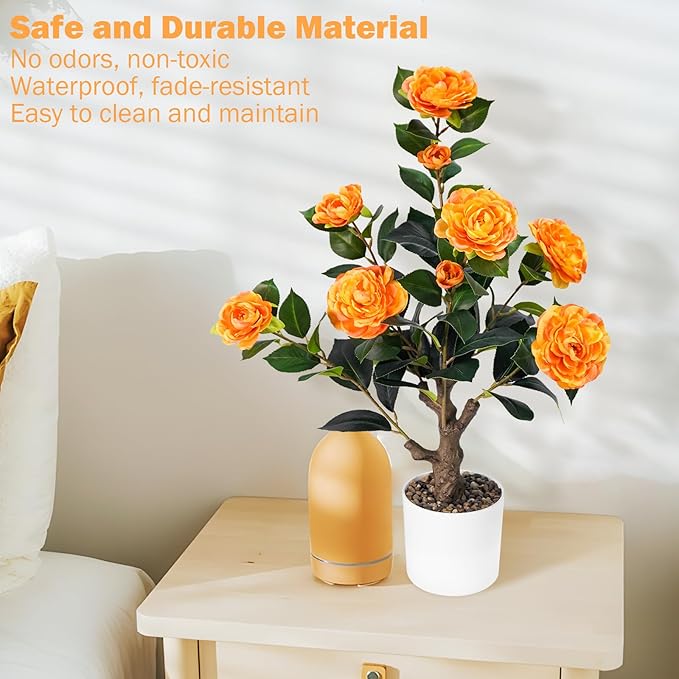 Caxchiling 2FT Artificial Camellia Tree, Small Fake Tree for Outdoor Indoor, Plastic Potted Plants for Home Office, Tabletop Desk Orange Flower Plants (1 Pack)