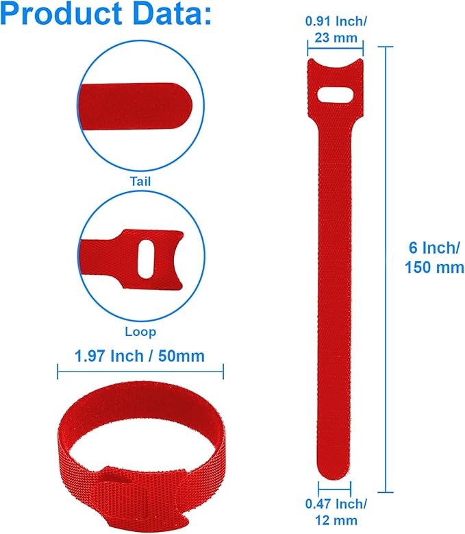 California JOS 60 PCS 6 Inches Reusable Cable Ties, Wire Ties, Cord Organizer, Cable Organizer, Adjustable Cable Management - Red