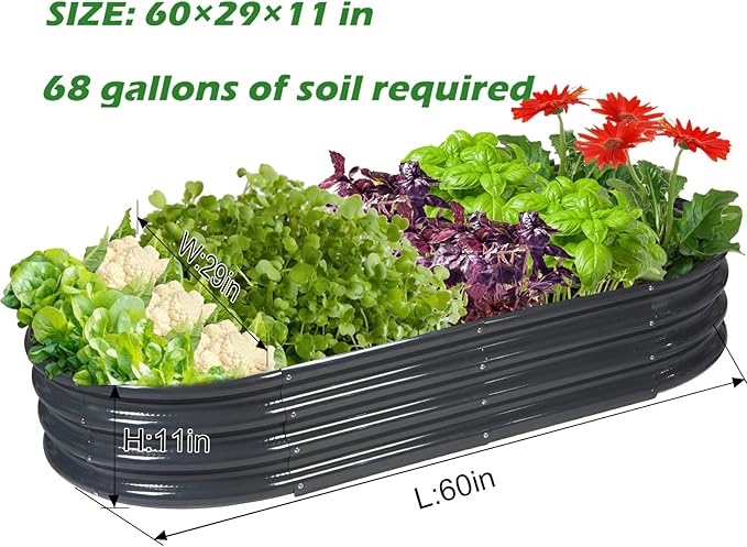 Rakukiri Raised Garden Bed GRS Certified Galvanized Planter Box Outdoor, 5ft Oval Rot-Resistant Metal Garden Bed Planter, Recycled Material Planter for Vegetables Flowers Herbs (Grey)