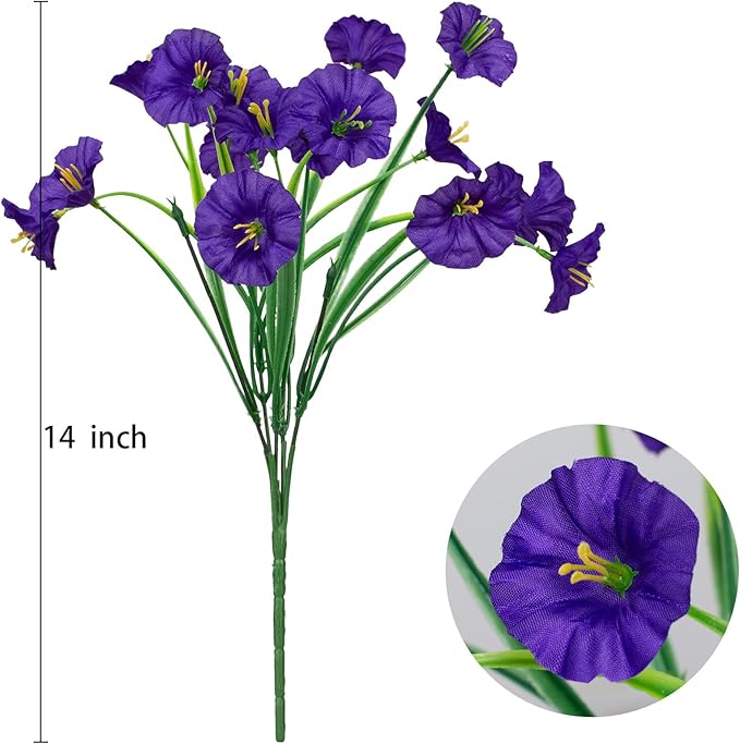 15 Bundles Artificial Flowers UV Resistant Outdoor Plants No Fade Faux Plastic Shrubs Fake Silk Flowers Window Box Garden Porch Home Decoration (Morning Glory Purple)