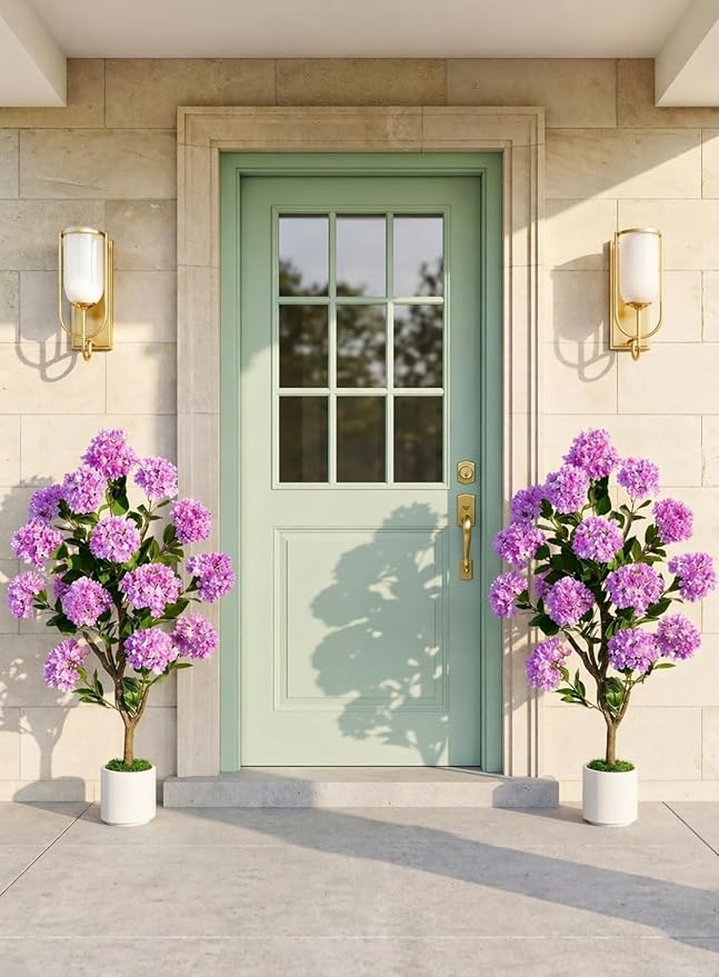 Artificial Flower Tree for Outdoor: 3.6ft Fake Crape Myrtle Tree Set of 2 for Front Porch Door Indoor Decor - Purple Realistic Silk Plant with Pot for Home Living Room Patio Decorations