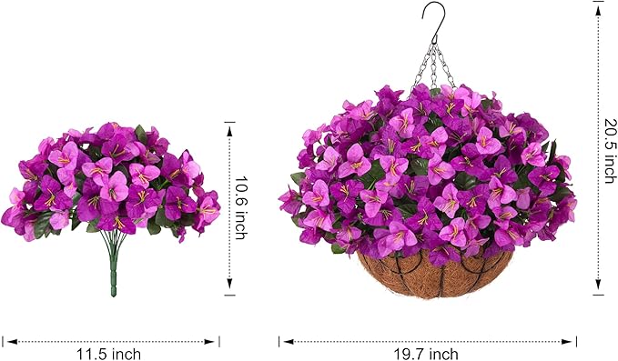 HyeFlora Artificial Hanging Flowers Plant with Basket for Outdoors, Fake Hanging Plants Silk Bougainvillea in Planter Realistic UV Resistant Faux Flower for Outside Porch Patio Garden Home Decor, Mix