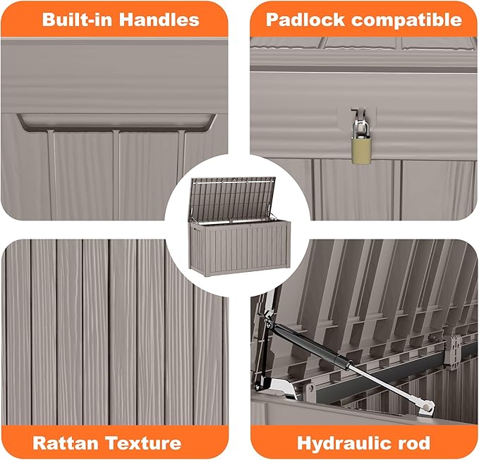 PatioZen 180 Gallon Resin Deck Box, Lockable Patio Outdoor Storage Box for Furniture, Garden Tools and Tools Storage, Waterproof Outside Storage Boxes - Grey