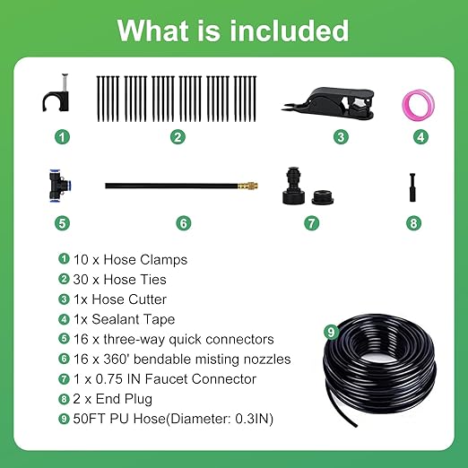 360° Adjustable Drip Irrigation System-50FT Garden Watering System with 16 Brass Nozzles,Irrigation System for Garden/Yard/Lawn,Greenhouse Accessories, 5/16" Tubing Garden Irrigation System