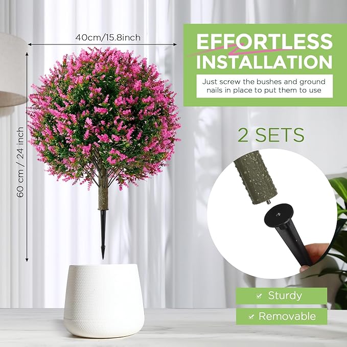 Lunmon 2 Pack 24" Artificial Topiary Ball Plants Trees with Flowers, Outdoor Fake Topiary Plants with Ground Spike, UV Resistant Faux Bushes for Indoor Outdoor Front Door Decor(Rose Pink,Lavender)