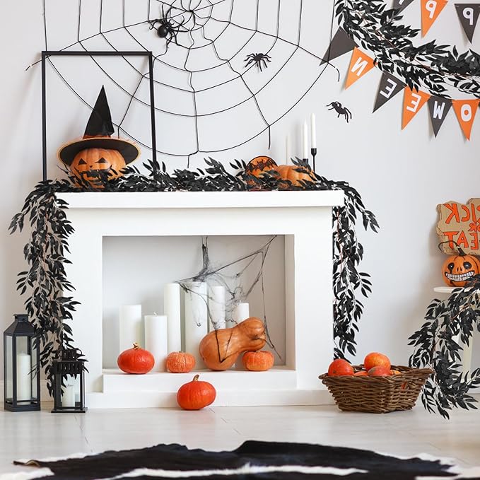 RECUTMS Artificial Hanging Willow Leaves Vine Twigs 2Pcs 5.7Ft Halloween Black Leave Garland Fake Silk Willow leaf Ivy Faux Greenery Plant for Indoor Outdoor Jungle Birthday Fall Christmas Party Decor