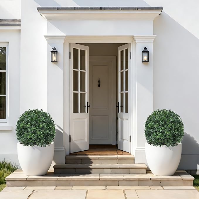 Artificial Boxwood Topiary Trees with Ground Spike,4 Pieces Fake Boxwood Ball Shrubs Bushes, UV Resistant Faux Evergreen Cypress Tree Plants for Indoor Outdoor Planters Front Porch