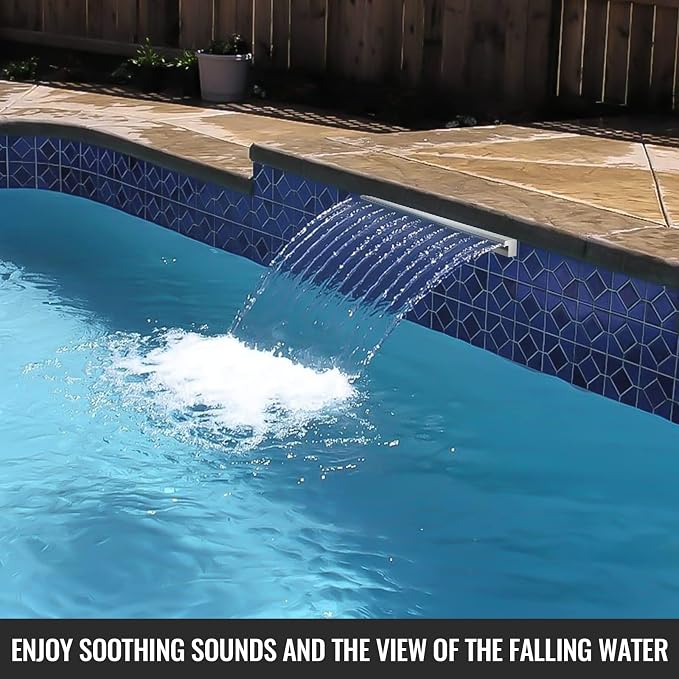 Pool Waterfall Fountains, Stainless Steel Rectangular Pool Waterfall Spillway with Pipe Connector for Indoor/Outdoor Decorative (17.7 Inch)