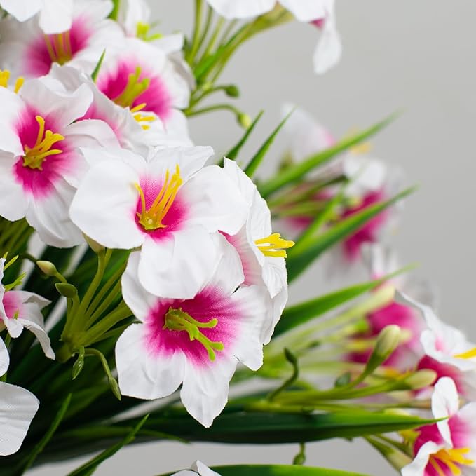 LikSoor Outdoors Artificial Flowers Spring Summer Decor Fake Petunias UV Resistant Flower Faux 12 Bundles Realistic Plastic Plant Porch Patio Window Box Garden Decoration (White)