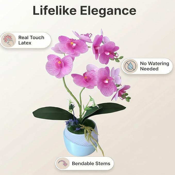 Artificial Orchid with 3D Printed Vase, Lifelike Fake Phalaenopsis Orchid Flowers, Realistic Silk Orchids for Home Decor Living Room (Light Purple)