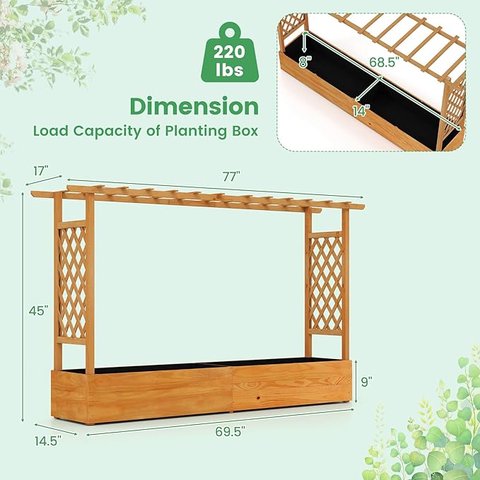 MAT EXPERT Raised Garden Bed with Trellis & Hanging Roof, Lattice Panel with Drainage Hole for Flower, Climbing Plant, Herb, Planter Box for Garden, Patio, Yard (1, 77" x 17" x 45" (L x W x H))
