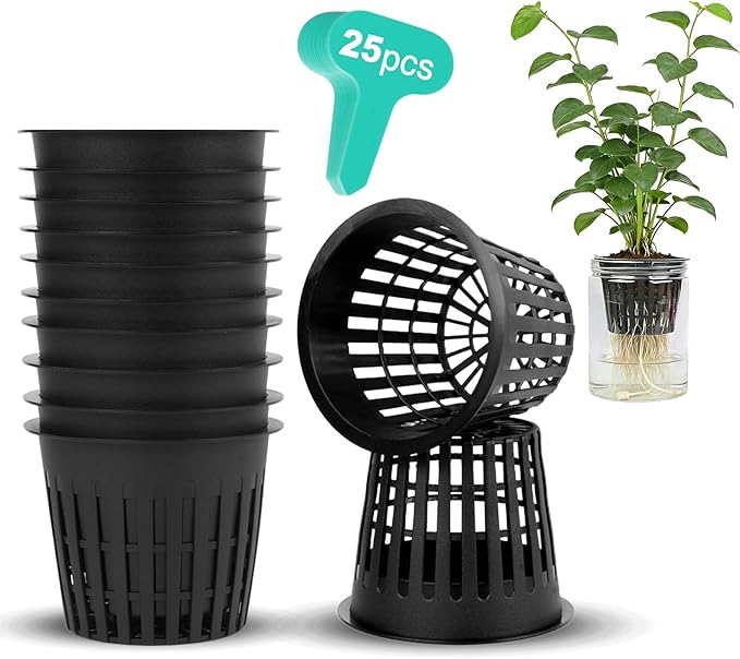 25-Pack 3-Inch Net Cups with 20 Plant Labels - Perfect for Aquaponics, Mason Jar Hydroponics, Kratky Method, and Orchid or Vegetable Gardening - Durable Slotted Mesh Insert for Optimal Growth