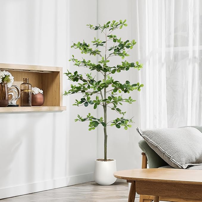 Faux Black Olive Tree 6FT,Artificial Tall Plant with White Planter and Stone,Potted Fake Tree with Natural Trunk,Artificial Plants Indoor for Home Office Living Room Corner Decor