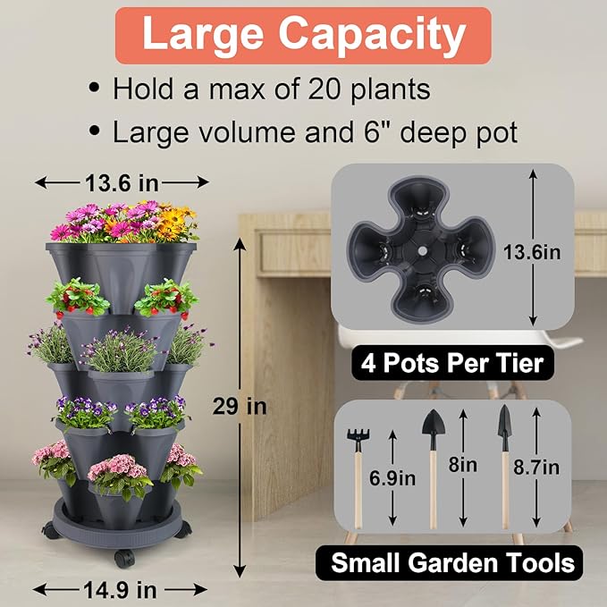 GameXcel Vertical Planter Tower - 5 Tier Stackable Garden Planters with Wheels and Tools Plant Pots for Strawberry Herb Flower and Vegetable Indoor Outdoor Use Dark Gray