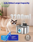 Lawfery Wireless Cat Water Fountain Stainless Steel 3.2L/108oz, Battery Operated Pet Fountain with 3 Modes, Cordless Pet Water Dispenser for Cats and Dogs