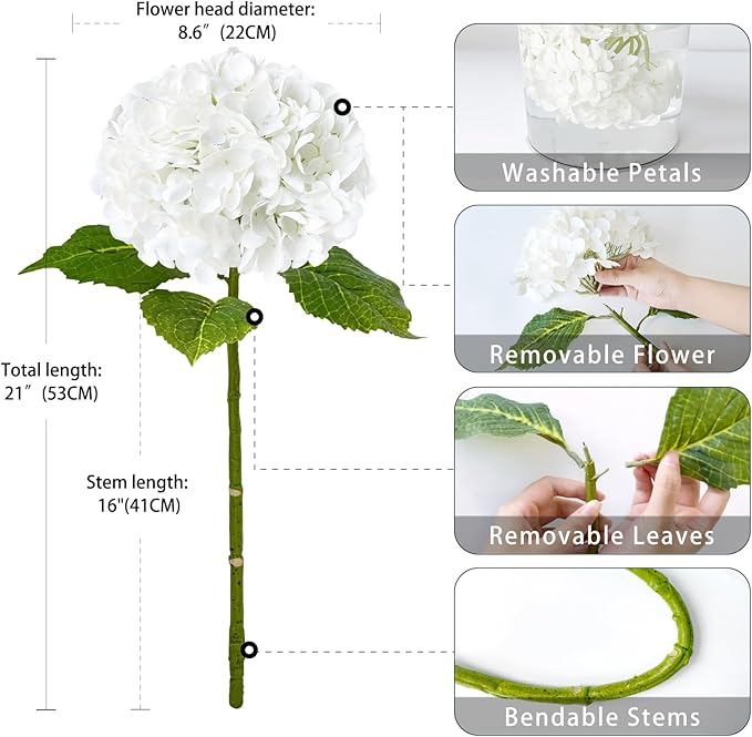 ZYTUYO 4 Pcs Real Touch White/Light Dark Blue Hydrangeas Artificial Flower 21'' Realistic Faux Latex Hydrangeas Flower for Home Decor Kitchen Living Room Spring Table Wedding Xmas Arrangement