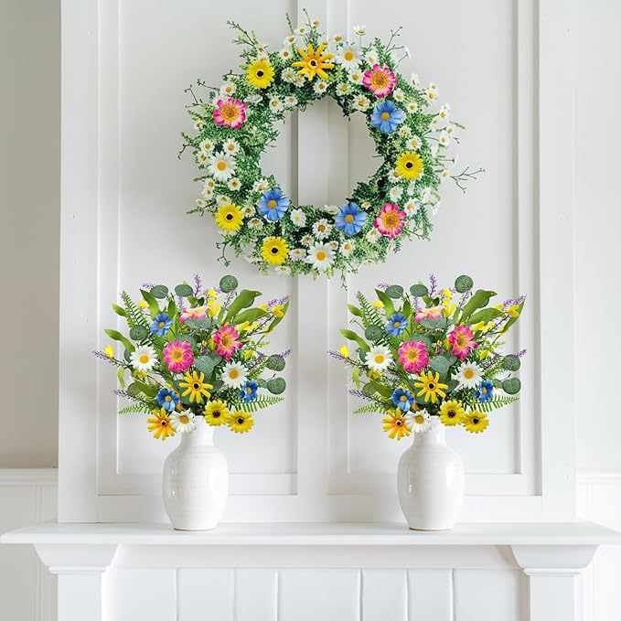 4 Bundles Artificial Daisy Flowers Bouquet Fake Wildflowers Silk Spring Floral Stems Arrangements for Home Indoor Living Room Kitchen Table Vase Wedding Party Decor