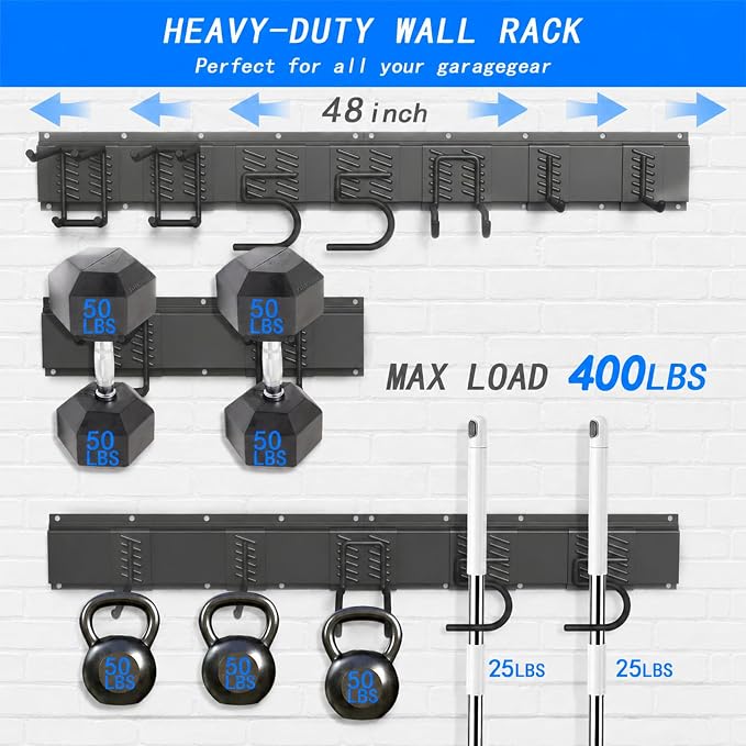 CBWLWJ Garage Tool Organizer Wall Mount, 48 inch Garage Wall Organizer, 400lbs Sturdy Garden Tool Organizer with 7 Adjustable Hooks, for Yard, Shed, Basement, Workshop(Black)