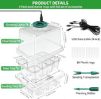 Qoolife Seed Starter Tray with Plant Light, 2 Pack Grow Lights for Seed Starting Kit with Humidity Domes, Timing Controller Adjustable Brightness for Greenhouse Propagator Station Growing Transparent
