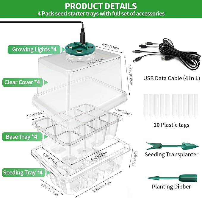 Qoolife Seed Starter Tray with Plant Light, 2 Pack Grow Lights for Seed Starting Kit with Humidity Domes, Timing Controller Adjustable Brightness for Greenhouse Propagator Station Growing Transparent