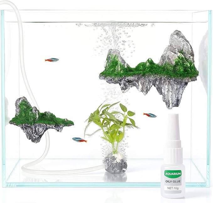Aquarium Mountain View Stone Ornament, Resin-Coated Rockery with Flocked Cover Like Grass, Air Stone & Artificial Plastic Plants Suitable for Small Fish and Shrimp Play Decorations