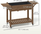 Outsunny Raised Garden Bed, 57 x 20.5 x 34 in Wood Elevated Planter Box with Lockable Wheels, Side Tables and Bottom Shelf, Outdoor Raised Planter with Bed Liner and Drainage Holes, Carbonized