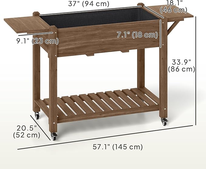 Outsunny Raised Garden Bed, 57 x 20.5 x 34 in Wood Elevated Planter Box with Lockable Wheels, Side Tables and Bottom Shelf, Outdoor Raised Planter with Bed Liner and Drainage Holes, Carbonized