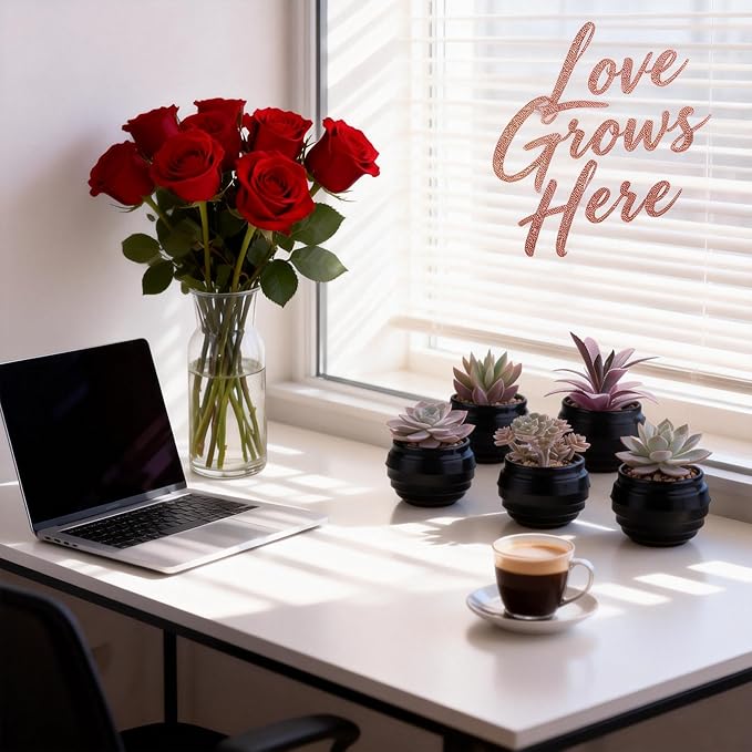 GREENTIME 6 Pcs Purple Artificial Succulents Valentine's Day in Black Plastic Pots Couple Gift Small Fake Succulent Plant Room Decor for Women Office Indoor Bedroom Bathroom Table Shelf Decoration