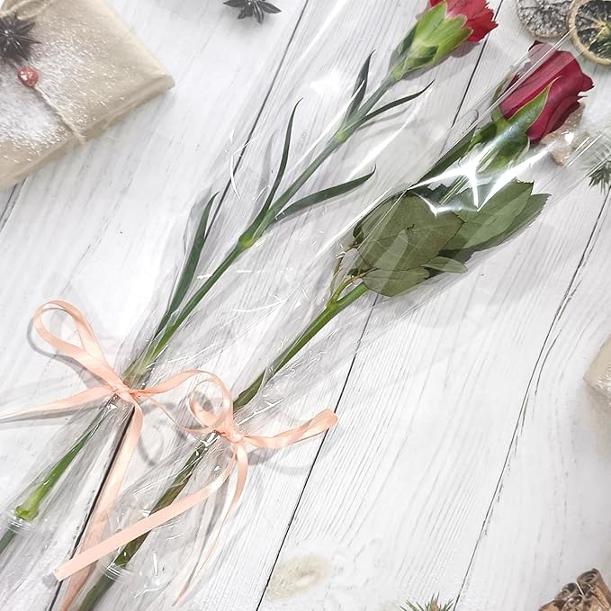 AKLVBL Flower Sleeves for Bouquets 100 Pcs Clear Single Rose Sleeve with 100 Pcs Floral Water Tubes for Bouquets and 40 Yards Light Pink Ribbon for Gift Wrapping for Gift, Florist, DIY, Wedding, Festival