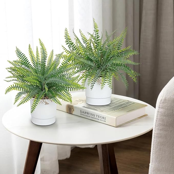 GnFlus Set of 2 Fake Plant Fern Potted Artificial Plants for Shelf Desk Home Bathroom Farmhouse Room Office Kitchen Farmhouse Coffee Table Decor