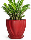 10 Inch Plant Pot, Ceramic Planters for Indoor Plants, Decorative Plant Pots with Drainage Hole and Saucer, Modern Round Large Planter, Office Apartment Decor, House Warming Gifts, Red
