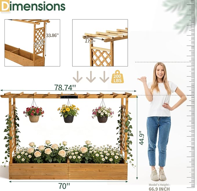 VINGLI 45 in Raised Garden Bed with Trellis & Hanging Roof, Wooden Elevated Planter Box with Drainage Holes for Outdoor Climbing Plants Vegetables Flowers, Patio Yard Balcony (Teak Color, Wider)