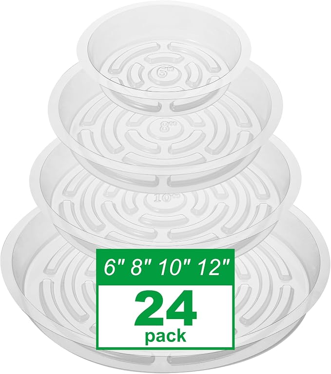 CATIFLIN 24 Pack Clear Plant Saucers - 6, 8, 10, 12 Inch Plastic Plant Trays for Pots, Flower Pot Saucers, Indoor & Outdoor Planter Drip Tray for Water Drainage & Protection