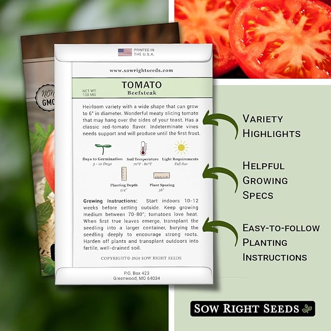 Sow Right Seeds - Beefsteak Tomato Seeds for Planting - Non-GMO Heirloom Packet with Instructions to Plant a Home Vegetable Garden - Indeterminate, Super Large and Bright Red Fruits (2)