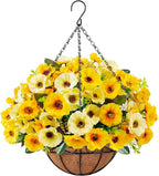 Ouddy Decor Artificial Hanging Flowers with Basket, Fake Silk Hanging Flowers in Coconut Lining Basket Faux Hanging Plants for Outdoor Indoor Spring Garden Porch Home Decor, Yellow