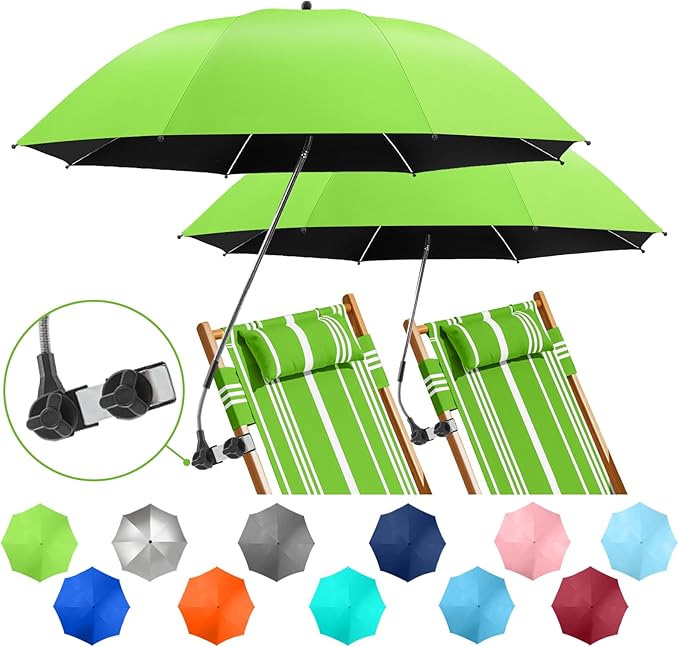 2 PACK Beach Umbrella with Clamp, 360 ° Adjustable Umbrellas for Chair, UPF50+ Umbrella for Beach Chair, Patio Chair, Wheelchair, Camping Chair, Golf Carts (Chair Not Included)