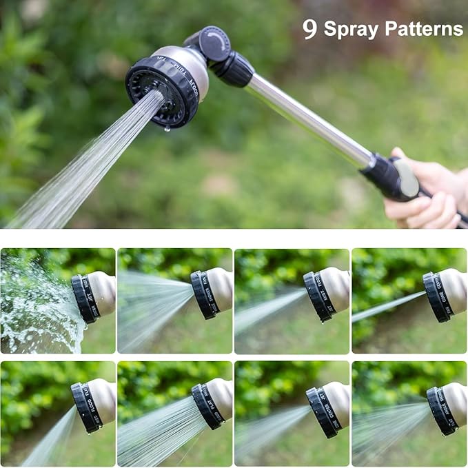 FANHAO 16-Inch Metal Watering Wand, Heavy Duty Garden Hose Wand with 9 Spray Patterns, 180° Rotating Long Hose Nozzle Sprayer Thumb Flow Control, Ideal to Water Hanging Baskets and Shrubs - Black