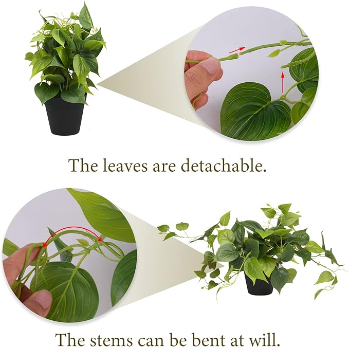 LOYWREE Artificial Scindapsus Aureus Fake Pothos Plants in Black Pots - Realistic Faux Indoor Greenery Potted for Home, Office, Desk, Shelf, Living Room, Bedroom, Balcony, Patio & Garden Decor