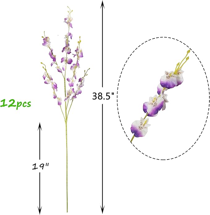 Purple Flowers Artificial Silk Orchids 12 Pcs (Each 38.5”) Long Stem Artificial Flowers for Tall Vase No Include Vase
