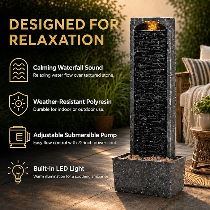 Teamson Home 38.5" Faux Slate Contemporary Outdoor LED Waterfall Fountain with Pebble Base, Gray/Black