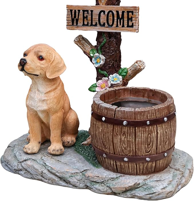 Animal Outdoor Statue Planter Solar Light Welcome Garden Sculpture Resin Flower Pot Decorative Porch Patio Yard Lawn Entryway Figurine with LED Lamp Rustic Plant Holder Ornament Courtyard (B)