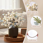 Alupssuc 16PCS Faux Silk Pompon Mums Artificial Flowers with Eucalyptus, Fake Chrysanthemum Floral for DIY Vase Arrangement, Long Stem Dining Table Centerpiece Home Decor, White