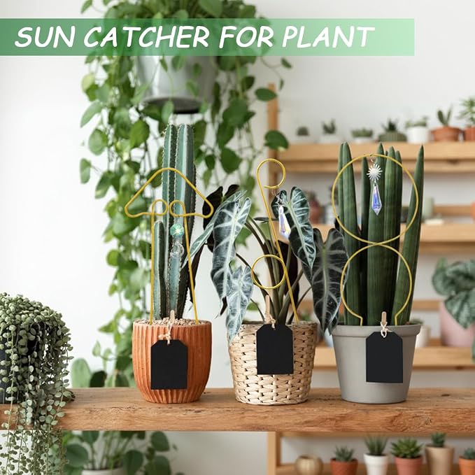 Small Trellis for Potted Plants Indoor with Crystal Sun Catcher, 4Pack Golden Metal Plant Stake for Home Window Garden, Plant Accessories Indoor Decoration (Mix)