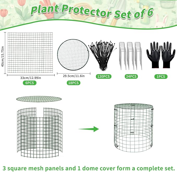 6 Pack Dark Green Plant Protectors, 11.8×15.7in Round Garden Fence Cages with Lid, Keep Rabbits, Squirrels & Pets Away, Includes Stakes, Zip Ties & Gloves for Easy Setup
