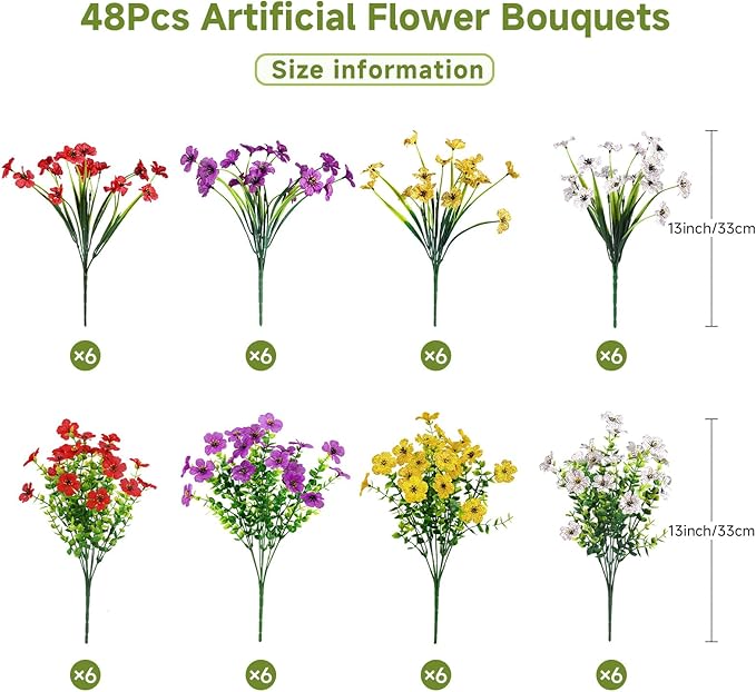 Alupssuc 48 Bundles Artificial Flowers for Outdoors Decoration, UV Resistant Silk Faux Floral Spring Fake Plastic Plants Greenery for Outside Indoor Home Porch Window Planter Decor, Mix 4 Colors